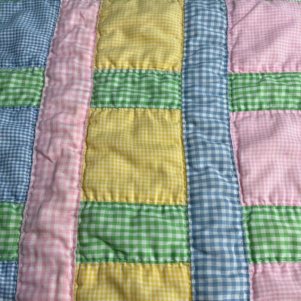 Handcrafted Pastel Gingham Print Block Design Quilted Baby Crib Blanket 38